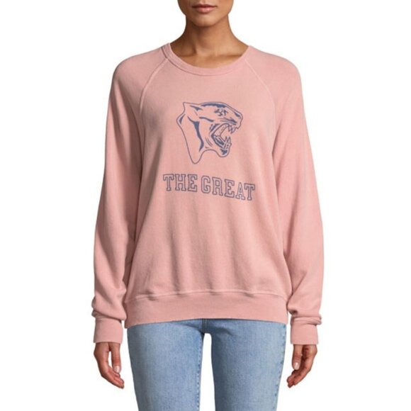 💕THE GREAT The College Sweatshirt Varsity with Jaguar Graphic Washed Pink 0 XS - Picture 1 of 14